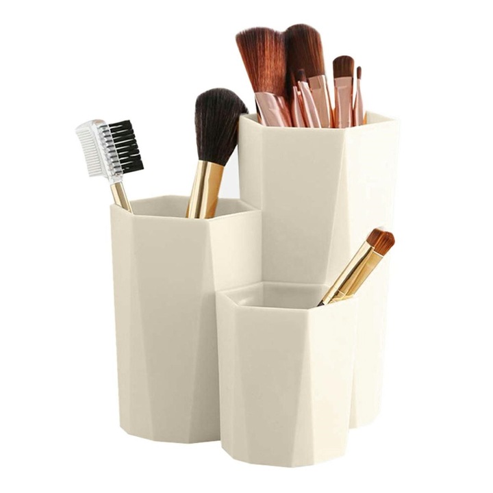 Organizator cosmetice si alte accesorii, multifunctional, 3 compartimente, crem, 11.7x5x11.7 cm