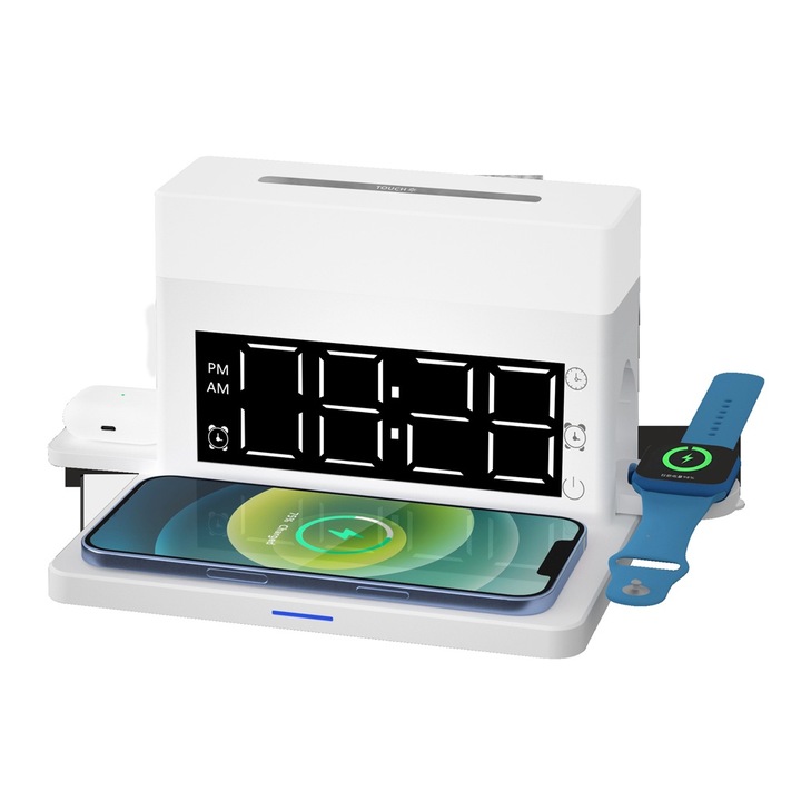 Statie de incarcare wireless 6 in 1, ceas cu alarma digitala, lumina de noapte reglabila, alb