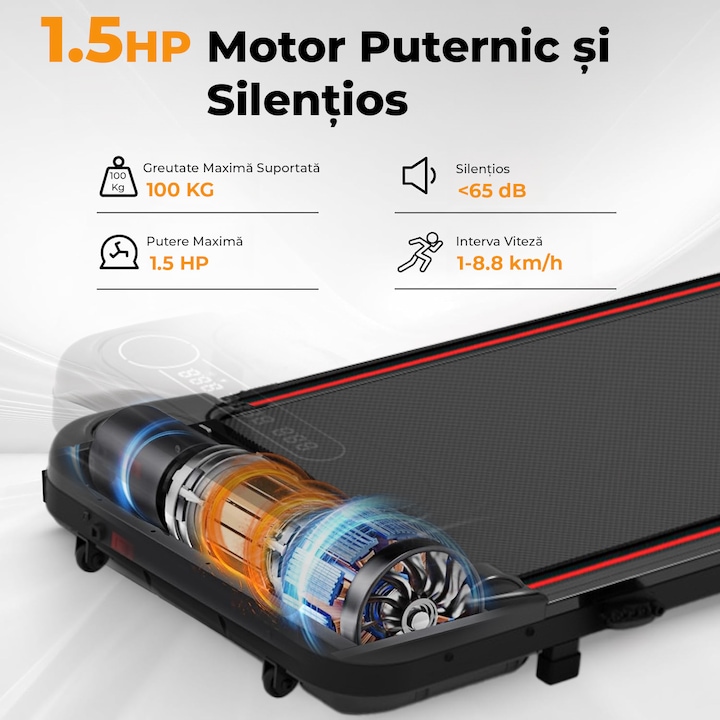 Banda Alergare Pliabila HF1103 Elindor®, Motor 1.5 CP, App Smartphone, Compacta, Profesionala, Viteza Maxima 8.8km/h, Silentioasa 65dB, Perfecta pentru Fitness, Cardio, Mers, Display LED, Timp, Distanta, Viteza, Calorii, 119x55 cm, Negru