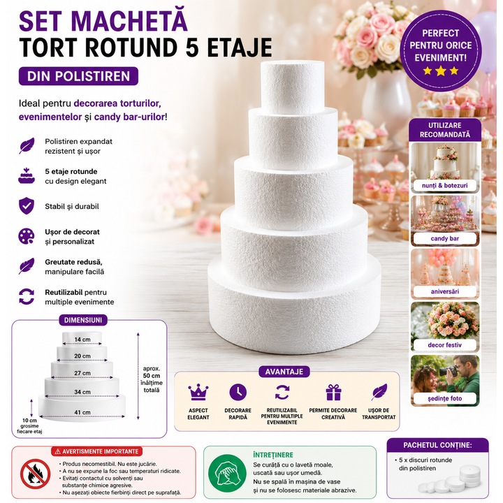 Macheta Tort 5 etaje 41-34-27-20-14 cm, Rotund, cu suport de fixare