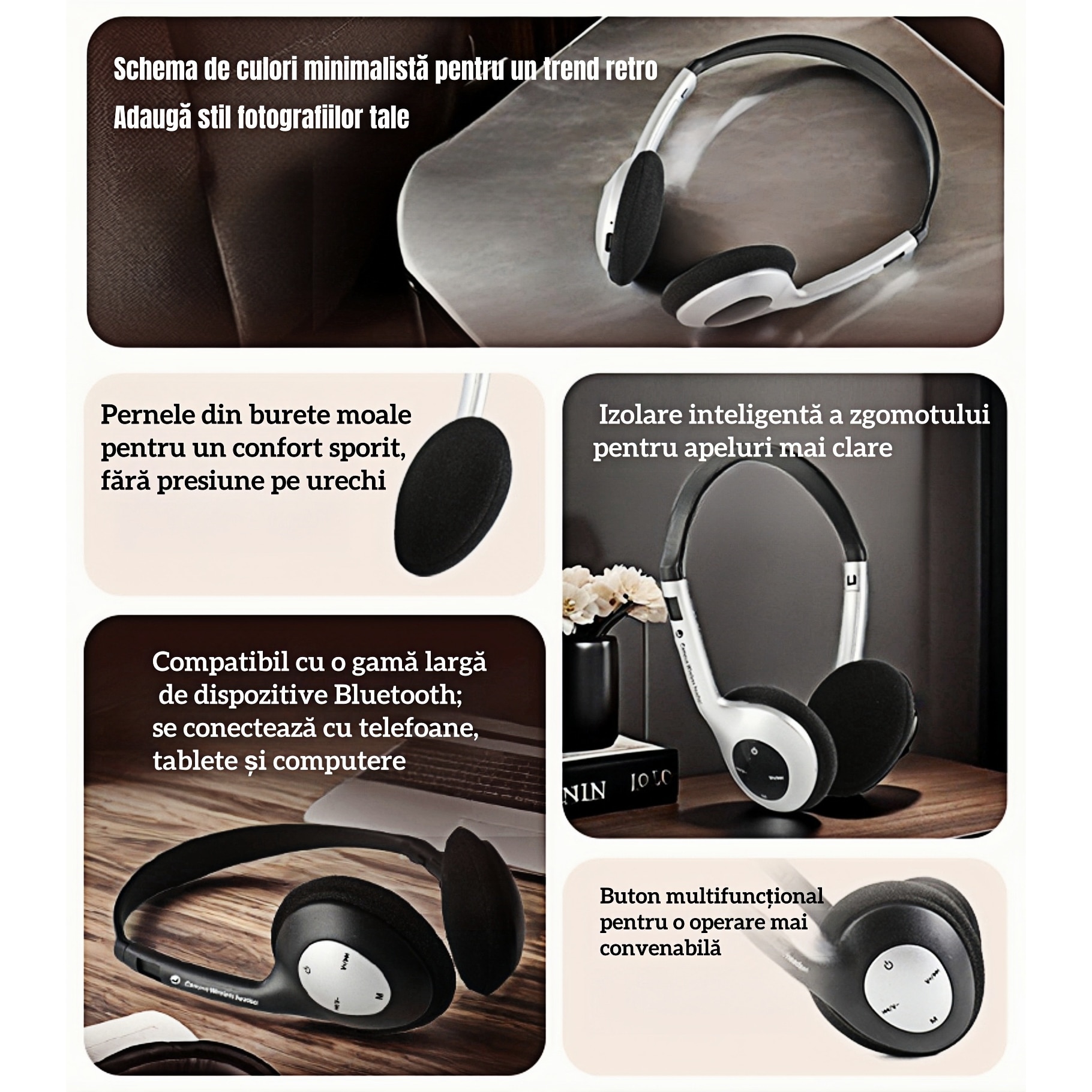 Casti Retro Casti Wireless, Retro, Bluetooth, Negru - eMAG.ro