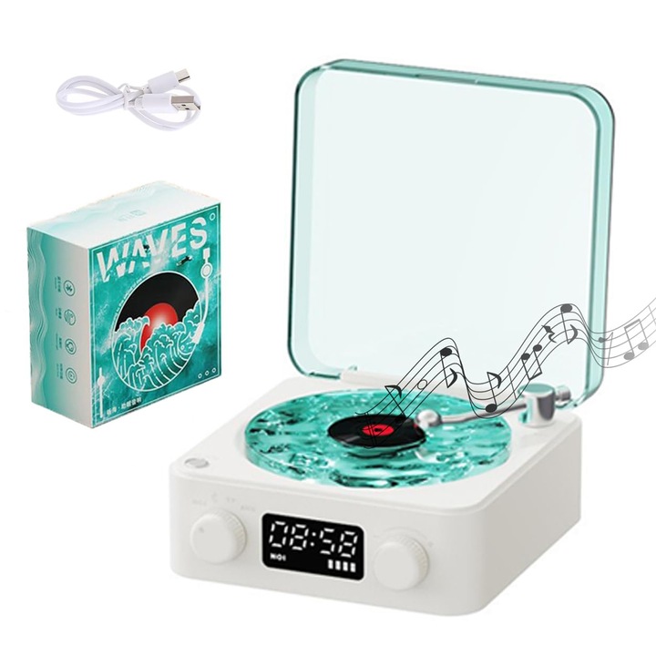 Високоговорител Bluetooth в стил Ocean Wave, ретро външен вид на винилов плейър, RGB регулируемо околно осветление, акумулаторен, преносим, WALALLA, бял