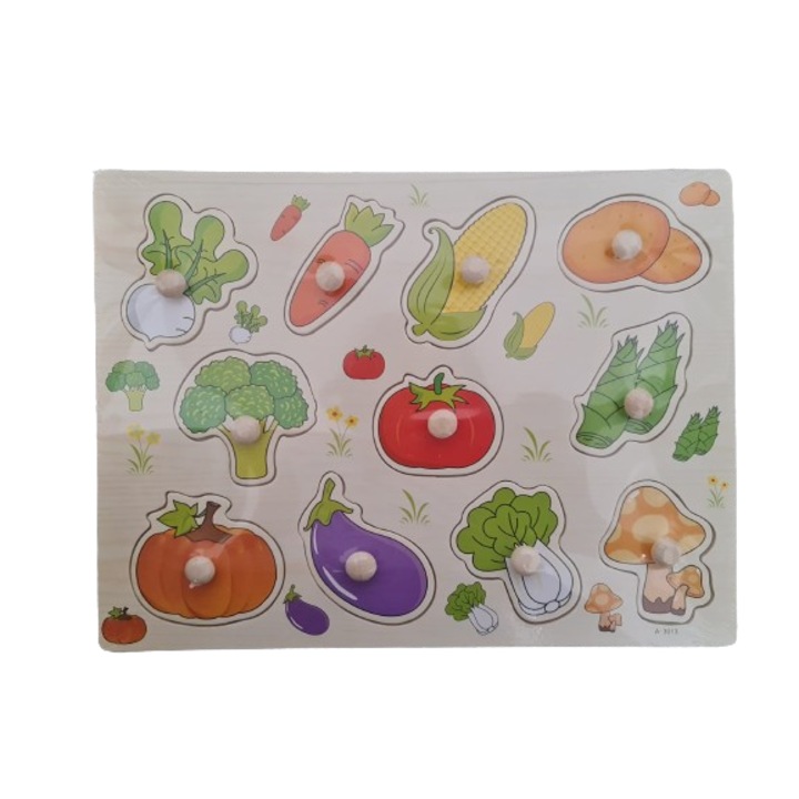 Süllyesztett fa kirakós fogantyúval, zöldségekkel, 11 darabbal
