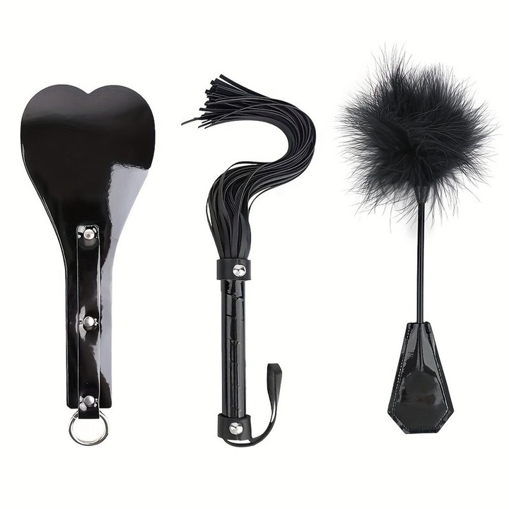 Set BDSM, bici si palete in forma de inima, piele PU, negru