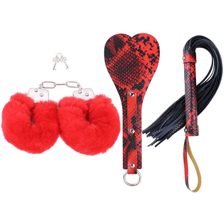 Set BDSM, Set 3 piese, Bici, Catuse metalice, Paddle inima, negru/rosu
