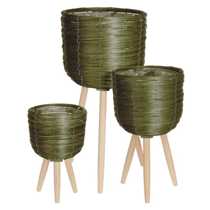3 db virágtartó készlet, zöld, pálcikákból, fa lábakkal, 59 / 45 / 33 cm