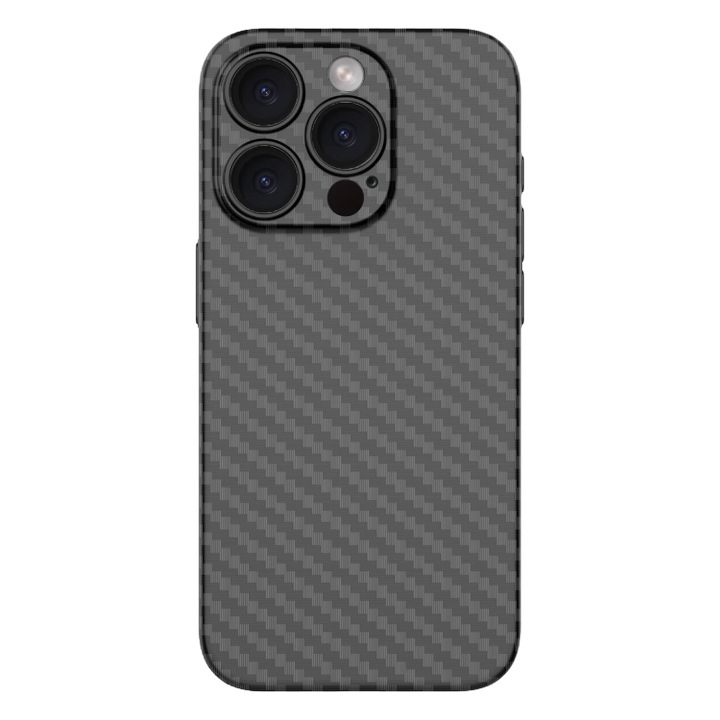 Karbon textúrájú tok Techancy kameravédelemmel, iPhone 15 Pro készülékkel kompatibilis, Ultra Slim 0,5 mm vastag, ütésálló, PP, szénfekete