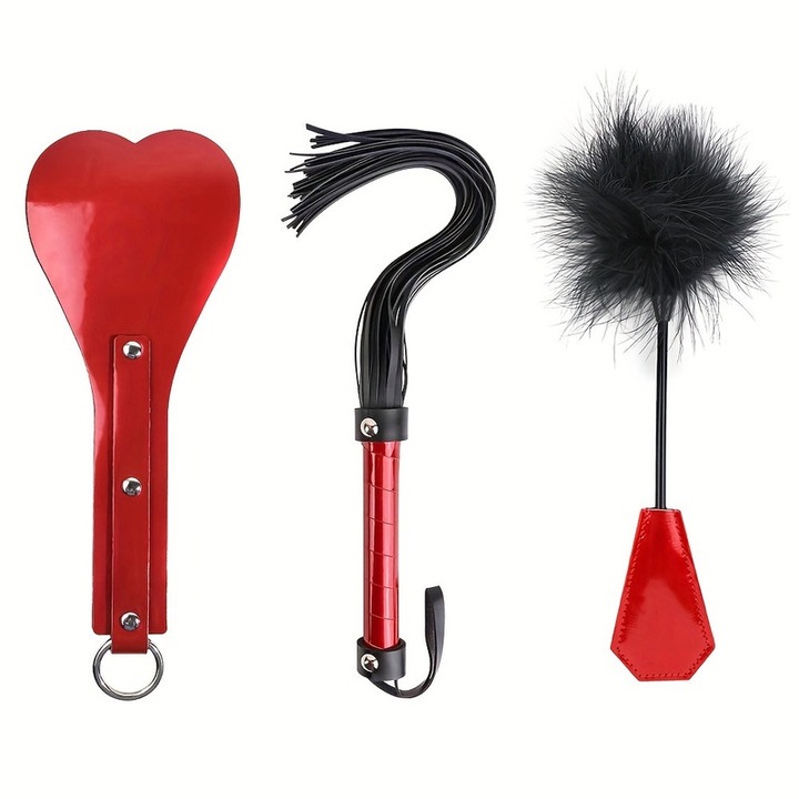Set BDSM 3 piese, bici + paleta + gadilator, poliuretan, rosu/negru