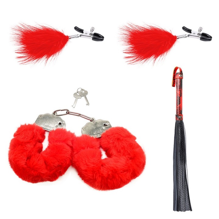 Set BDSM din 3 piese, inox, Rosu/Negru