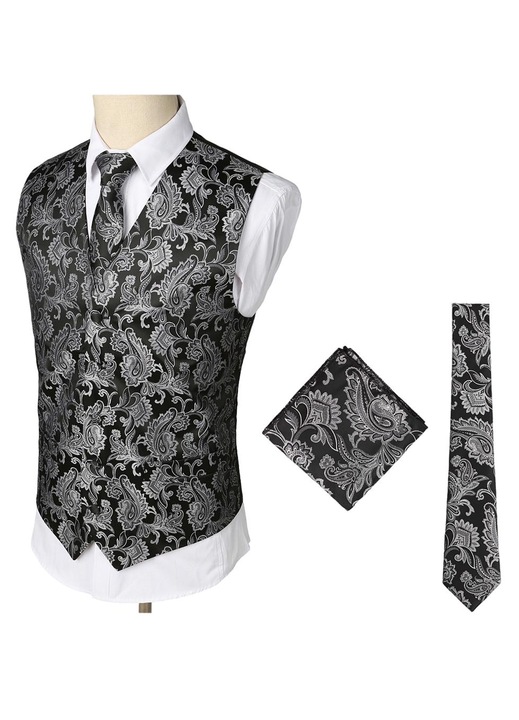 Costum trei piese pentru barbati, Poliester, Negru/Alb, Alb/Negru