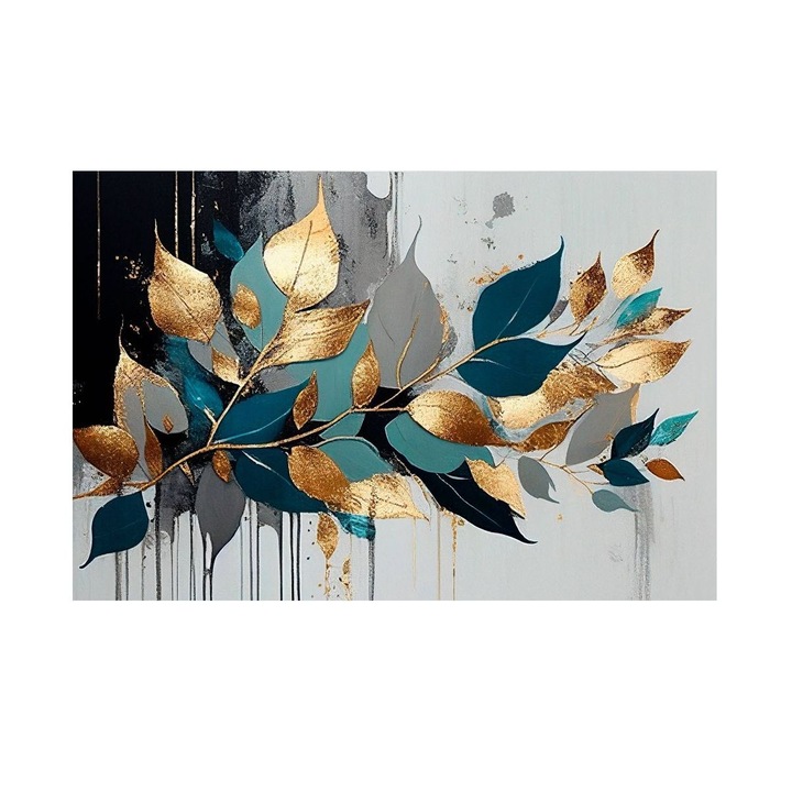 Tablou cu Frunze Aurii pe Fundal Gri 90x60 cm
