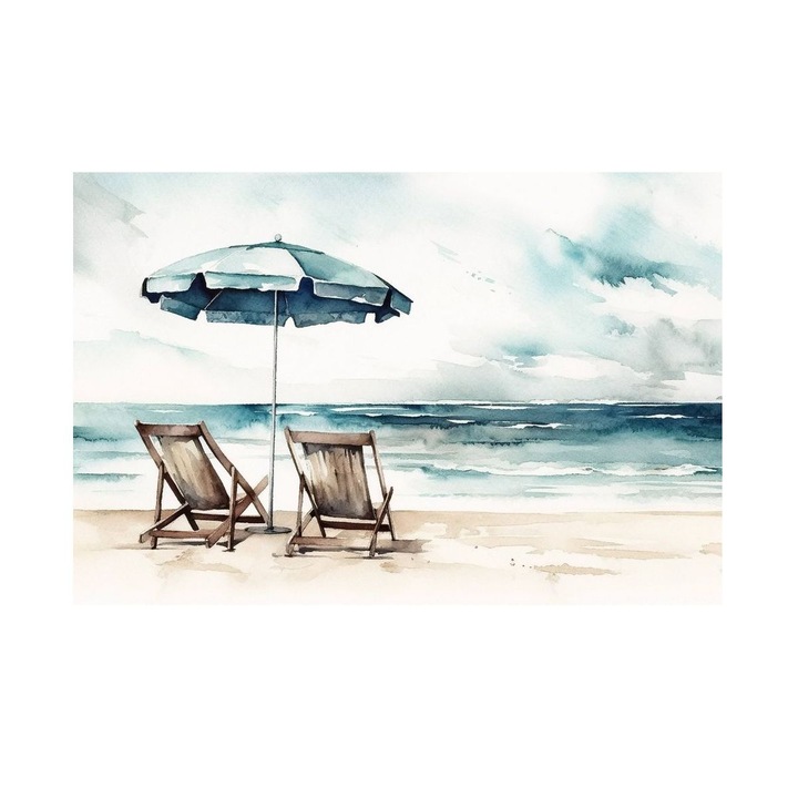 Tablou cu Plaja cu Umbrela si È˜ezlonguri 90x60 cm