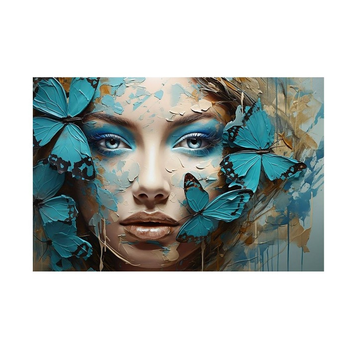 Tablou cu Femeie cu Fluturi Albastri 90x60 cm