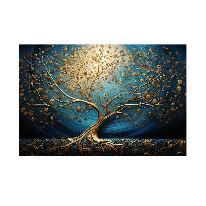 Tablou cu Copac de Aur pe fundal albastru 90x60 cm
