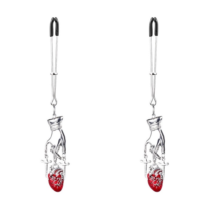 Щипки за зърна с висулка, Метал, Сребрист / Червен цвят
