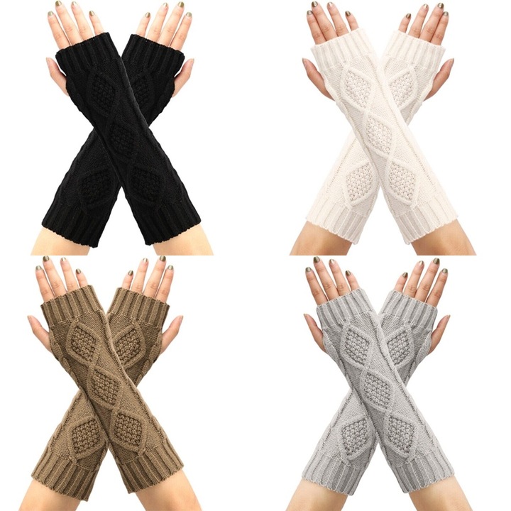 Set 4 Manusi lungi dama, calduroase, model cu degete descoperite, AllizBan, Acril, 30 x 8 cm, Multicolor