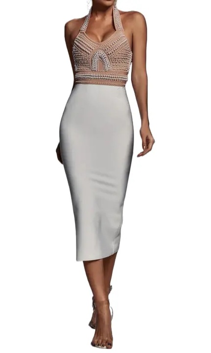 Rochie midi de cocktail cu perle albe, culoarea alb, marimea S