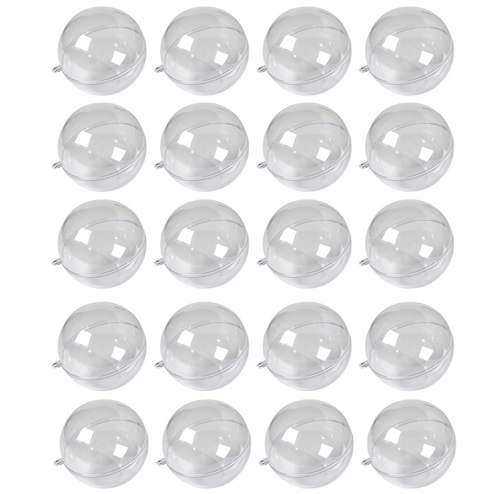 Set 20 globuri transparent personalizabil, AllizBan, plastic, diametru 8 cm, pentru Craciun, Nunta, Petrecere