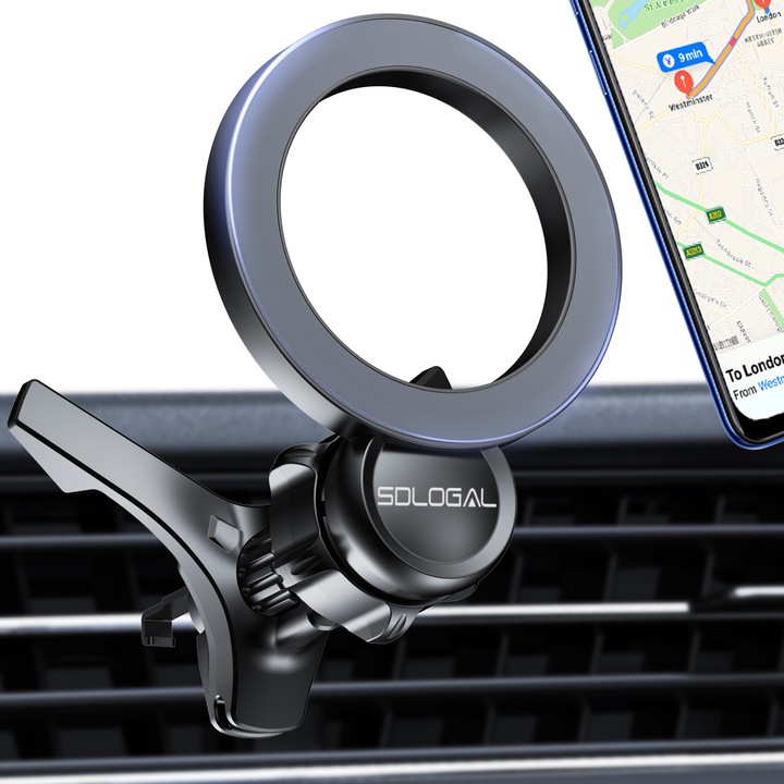 Suport Auto magnetic universal pentru telefon Samsung iPhone Xiaomi, SDLOGAL®, cu prindere in grila de ventilatie, magnetic rotativ 360 grade, Universal, accesorii auto, Incarcare nu este acceptata, Negru