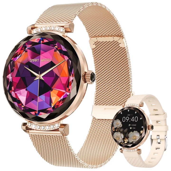 Ceas smartwatch dama Evolve-x® EvoFitt7, Apeluri si mesaje bluetooth, Functii monitorizare Ritm cardiac, Somn, Nivel oxigen, Tensiune si Calorii, Asistent vocal, IP67, compatibil iOS si Android, Bratara metalica si siliconica, auriu