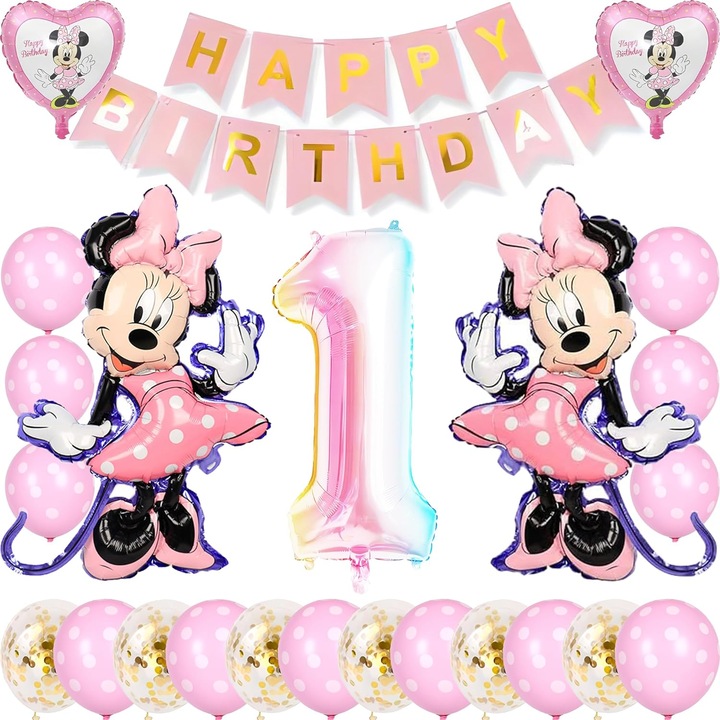 Set baloane aniversare, petrecere copii Minnie Mouse,23 piese, 1 an