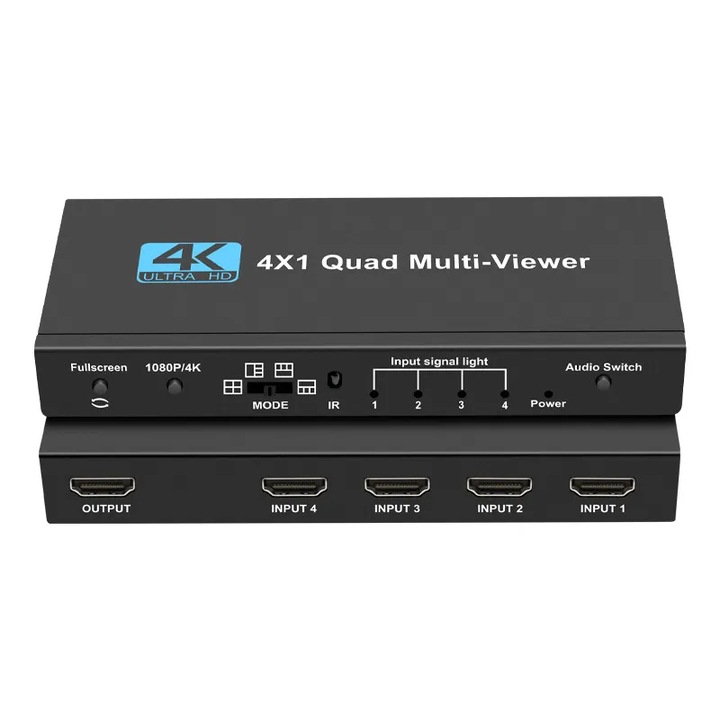 HDMI Quad Multiviewer 4K Switch, Screen Splitter 4 in 1 out, Display 4 Sources, Staryon®, 4K при 30Hz, 1080p при 60Hz, HDMI 1.4, DTS-HD, Dolby TrueHD, LPCM 7.1, Каскадна връзка, Дистанционно управление