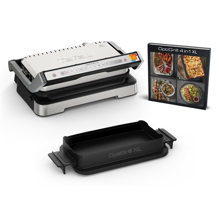 Gratar electric Tefal Optigrill 4 in 1 XL GC784D30, 2200W, 12 programe automate, pana la 8 persoane, placi antiaderente detasabile, tava de copt, Argintiu