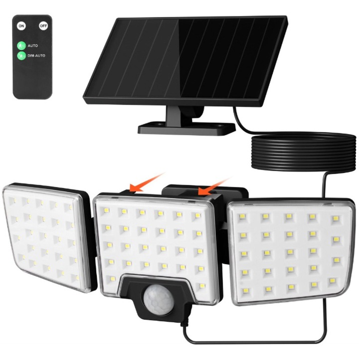 Lampa solara LED de perete Lepro PR640005, cu telecomanda, 10W, 1000 lm, 3 panouri, 2 moduri iluminare, senzor de miscare, IP65