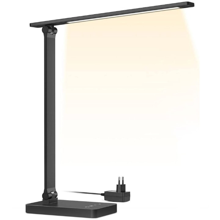 Lampa de birou LED Lepro PR310004, control Touch, 3 moduri iluminare, 15W, 655 lm, USB 5V 1A, temperatura lumina reglabila, 41.5 cm, Aluminiu, Negru, Clasa energetica F