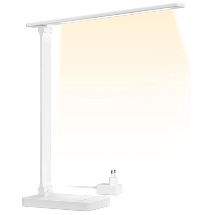 Lampa de birou LED Lepro PR310003, control Touch, 3 moduri iluminare, 15W, 655 lm, USB 5V 1A, temperatura lumina reglabila, 41.5 cm, Aluminiu, Alb, Clasa energetica F