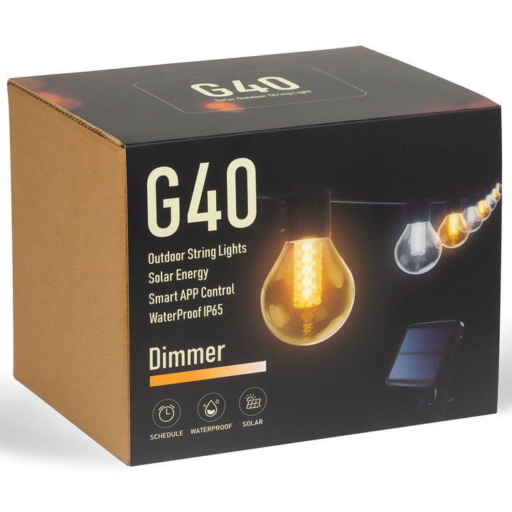 Sir LED inteligent G40 11743, cu incarcare solara si USB, Bluetooth, telecomanda, 15 becuri LED, acumulator 3.7 V 2200 mAh Ni-MH 18650, temperatura lumina reglabila, IP65, 7.5 m