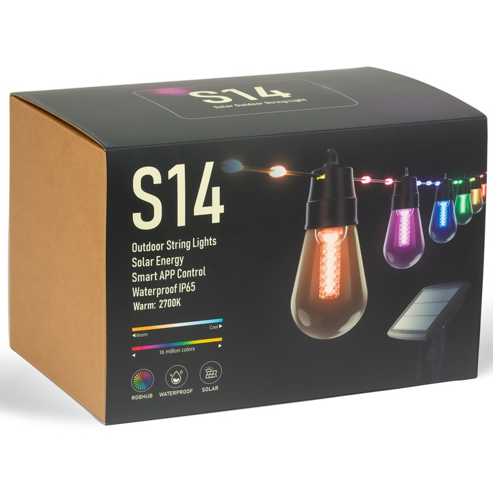 Intelligens RGB LED-füzér G40 11748, napelemes és USB töltéssel, Bluetooth, távirányító, 15 RGB LED izzó, 3,7 V - 4400 mAh Ni-MH 18650 akkumulátor, színes fény, IP65, 14,5 m