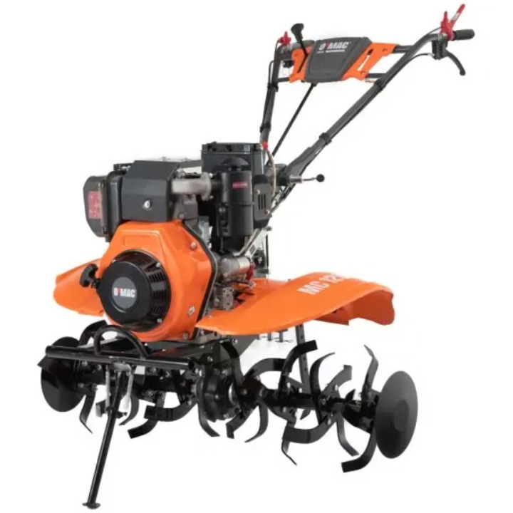 Motocultor diesel O-Mac MC 120E-D, putere 12 CP, 8.9 KW, 418 CC, motor 4 timpi, 2+1 viteze, 65 - 120 cm latime lucru, 10 - 36 cm adancime lucru, contine: freze + roti cauciuc