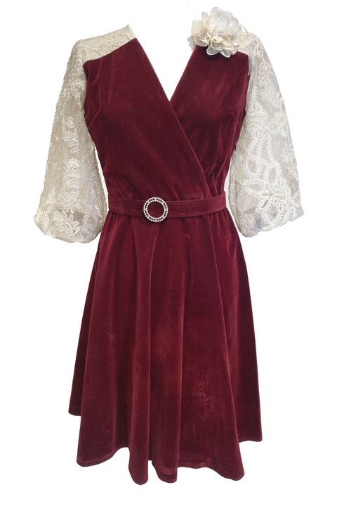 Rochie de dama eleganta, model scurt catifea si dantela, Visiniu