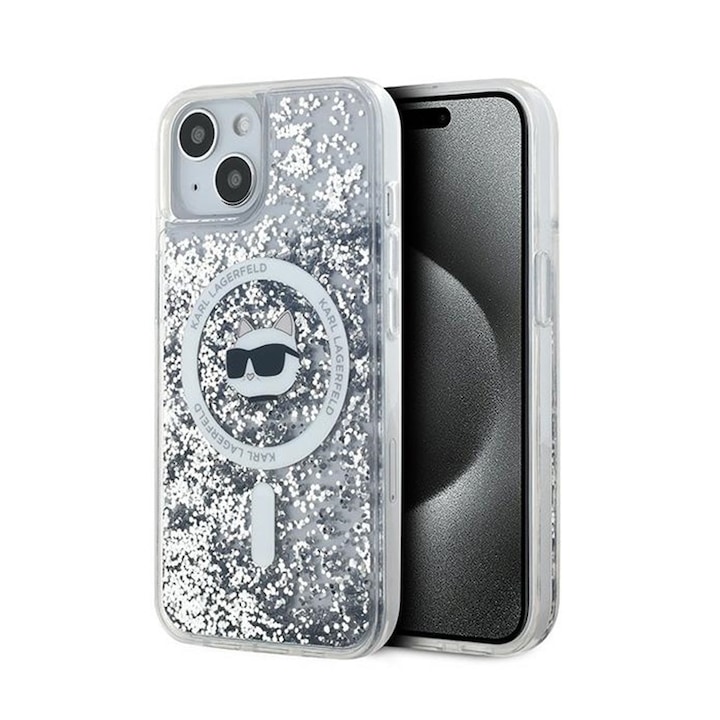Tok iPhone 15 / iPhone 14 / iPhone 13 telefonokhoz - Karl Lagerfeld Liquid Glitter MagSafe (KLHMP14SLGCHSGH) - Clear Choupette fej
