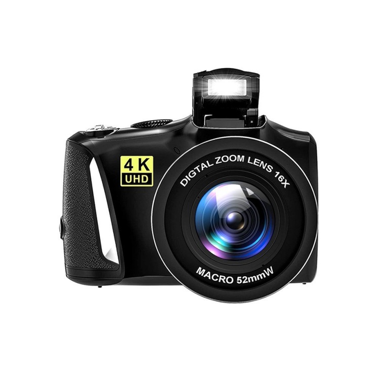 Digitális kamera, 4K videó, 48M HD pixel, 16x zoom, 32 GB memóriakártyával, 3,0 hüvelykes ips képernyő, Flash, kompakt és kényelmes, USB töltés, fekete