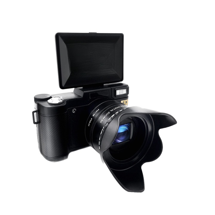 Camera digitala, 48 Megapixeli HD, 4K, Zoom digital 8x cu card de memorie de 32GB, Flash, Ecran de 3.0 inch, Design multilingv, Negru