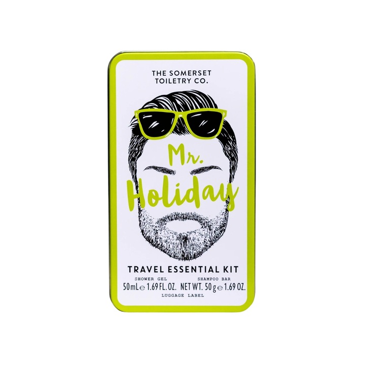 SOMERSET férfi utazószett, Mr. Holiday piperecikkek - Cypress Hinoki & Birch, Tusfürdő 50ml, Szilárd sampon 50g, Csomagcímke, 3db