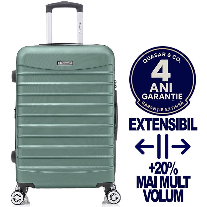Troler mare extensibil Quasar & Co.®, 77x49x31-36 cm, bagaj de cala, valiza cu fermoar antifurt, maner telescopic lung, geamantan cu 4 roti duble silentioase 360°, ABS 2.8mm extradur, captuseala buretata, 2 compartimente cu buzunar, LINE, turcoaz deschis