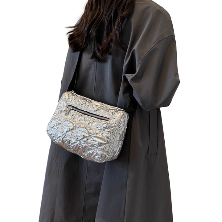 Чанта за през рамо QttvbTna, пухкава водоустойчива, сребриста, 27x12x19см