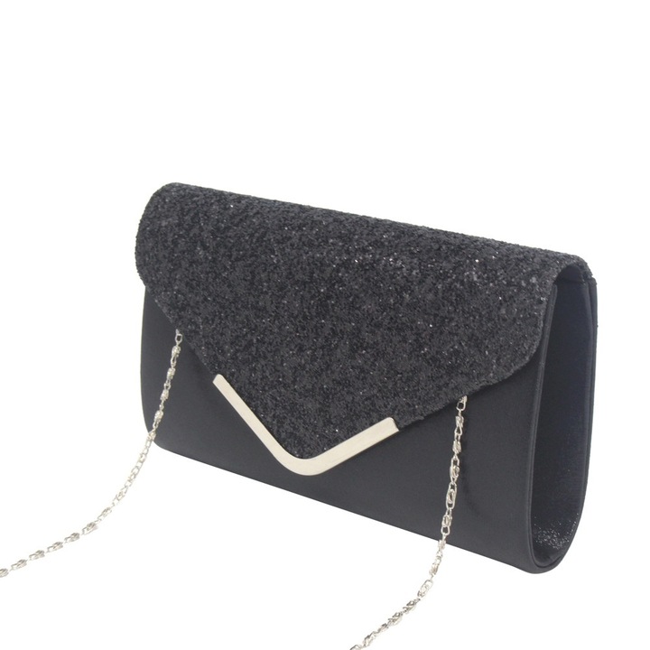 Jormftte Estélyi táska, clutch típusú, fekete, levehető lánccal, elegáns eseményekre, táska szett.