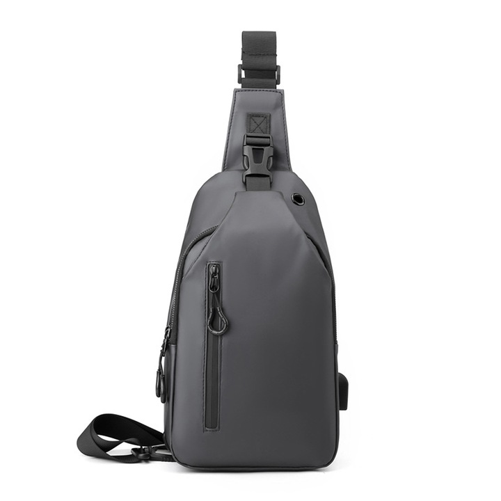 Női táska, férfi táska, mellkasi táska, hátizsák USB töltőporttal sétához, túrázáshoz, szürke