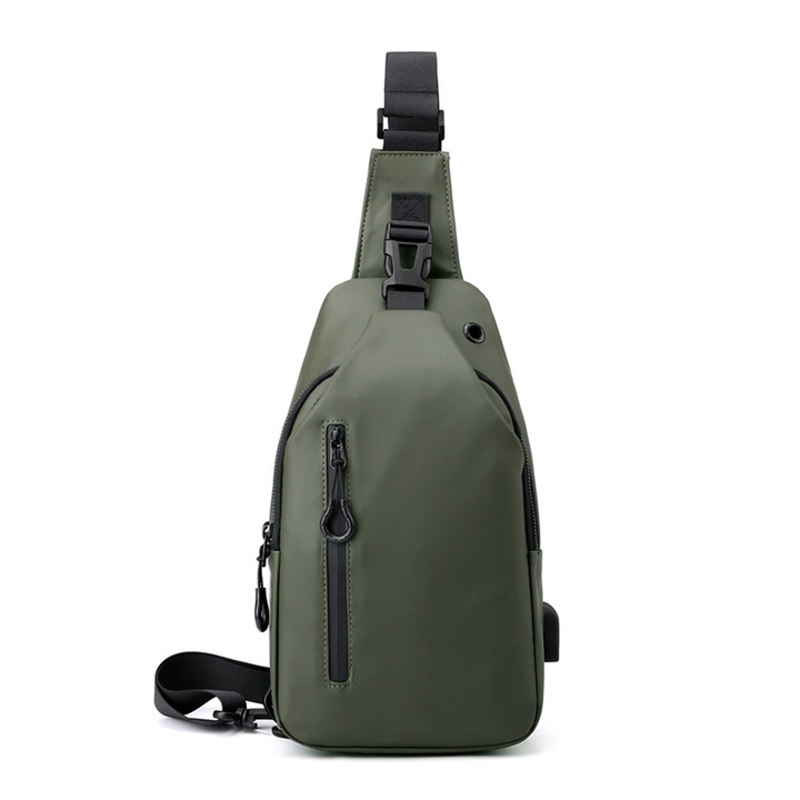 Női táska, férfi táska, mellkasi táska, USB töltőportos hátizsák sétához, túrázáshoz, zöld