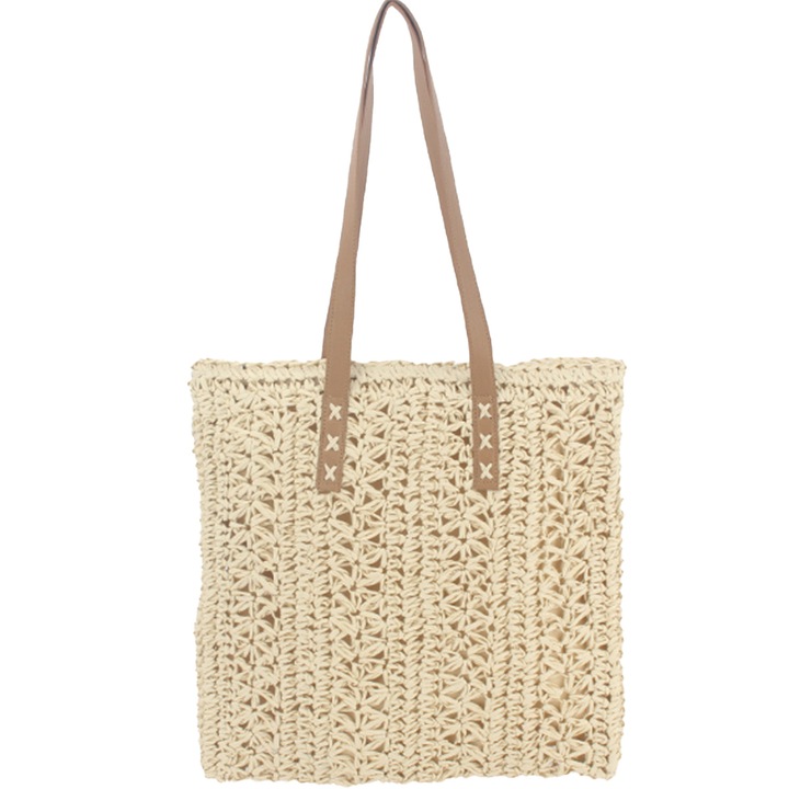 Szalma táska, Jormftte, 38x38cm, törtfehér/barna színű, vállpánt 68cm, 1 darab