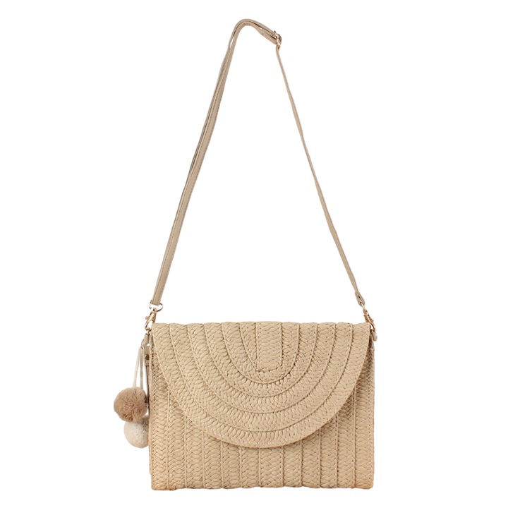 Jormftte szalma válltáska, bézs/barna, 27x20cm, pánt 120cm, 1 darab