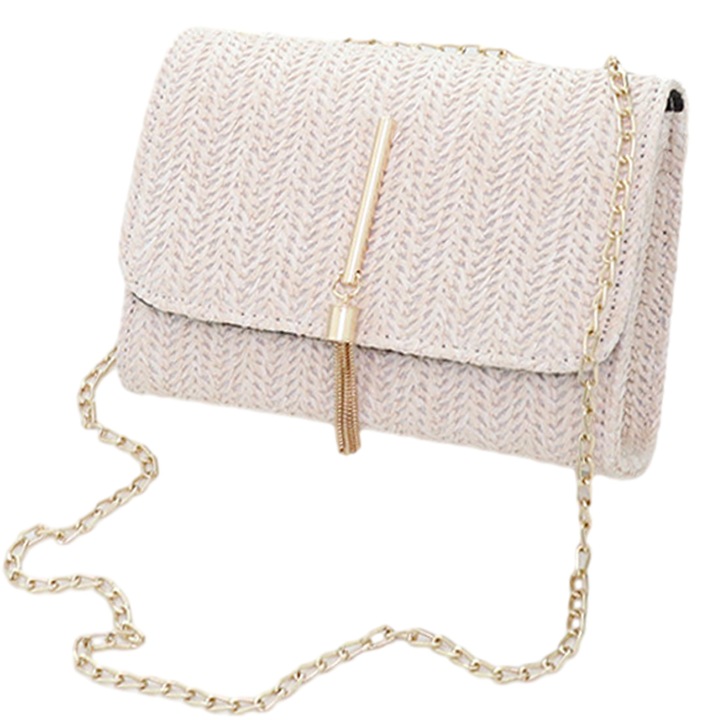 Női crossbody táska, szalma, állítható pánt, 19x7x14cm, fehér/arany