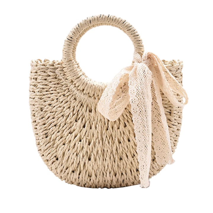 Jormftte szalmaszíjú válltáska, bézs, csipkével, 24x20x14cm, levehető pánt 58cm