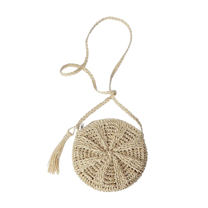 Szalmatáska rojtokkal, Jormftte, bézs/barna, átmérő 22cm, pánt magassága 110cm