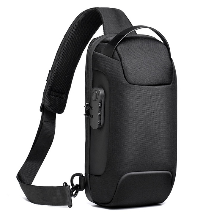 Jormftte férfi hátizsák, fekete, 16x9,5x33cm, Oxford anyagú, állítható pánttal, nagy kapacitású