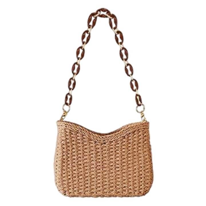 Jormftte Szalmatáska strandtáska, 24x8x15cm, kávé/bézs/zöld színű, levehető pánttal